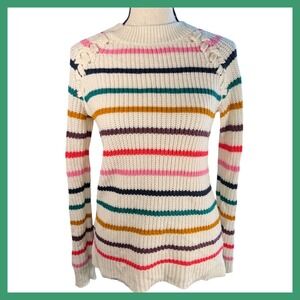 Striped Sweater Women's Crew Neck Shoulder Detail Colorful Knit‎ Pullover